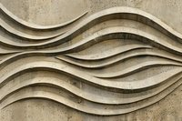 Wavy concrete wall pattern with curved lines creating modern architectural relief texture in neutral beige tones, abstract background for interior design.