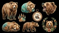 Watercolor brown bear clipart set isolated on transparent background, featuring bear poses, paw print, compass, and floral wreath for stickers, sublimation, t-shirt design.
