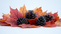 Autumn maple leaves in vibrant red and orange colors with pine cones arranged on white background for seasonal decorating and fall crafts.