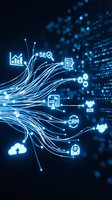 Digital business network visualization with glowing neon icons representing SEO, CRM, B2B, cloud computing and data analytics connected by luminous fiber optic lines on dark background.