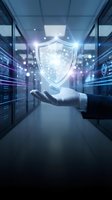 Businessman hand holding glowing digital shield in server room, symbolizing cybersecurity, data protection, and network safety.