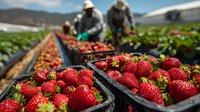 Fresh ripe strawberries in harvest crates with farm workers picking berries in agricultural field rows for organic produce and seasonal farming operations.