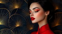 Asian woman with red lips and dramatic eye makeup against dark background with golden fan pattern. Artistic fashion portrait showcasing oriental style and modern cosmetics.