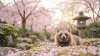 Adorable raccoon dog sitting among fallen cherry blossom petals in traditional Japanese garden with stone lantern and pink sakura trees blooming overhead.