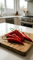 Fresh red chili peppers on wooden cutting board in modern kitchen interior for cooking spicy food and culinary preparation.