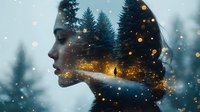 Young woman profile double exposure with winter forest landscape and glowing bokeh lights creating dreamy atmospheric scene in blue and gold tones.