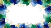 Elegant watercolor floral frame with blue and green flowers, golden leaves on white background for wedding invitations, greeting cards and design projects.