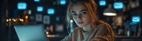 Young woman in cozy sweater working late at night on laptop with glowing email icons floating in dark room, modern communication concept.
