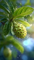 Young noni fruit growing on tree branch with green leaves and magical light bokeh effects in tropical garden setting for natural health and wellness concepts.