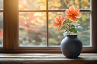 Orange hibiscus flowers in dark ceramic vase on wooden windowsill with warm sunlight streaming through glass panes creating peaceful home decor atmosphere.