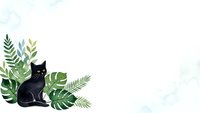 Black cat sitting among green tropical ferns and leaves on white background. Domestic pet with botanical foliage elements for nature design projects.