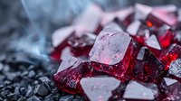 Red garnet crystal fragments with rough surfaces scattered on dark background, dramatic lighting highlights natural mineral structure and deep crimson color.