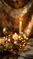 Festive Christmas table setting with golden ornaments, glowing candles, pine cones, and warm bokeh lights creating an elegant holiday atmosphere.