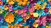 Vibrant floral pattern with colorful blooms in pink, yellow, orange, and blue tones creates cheerful summer mood. Seamless repeat design for fabric, wallpaper and decor.