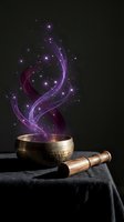 Mystical singing bowl with magical purple smoke and sparkling stars rising upward on dark background for meditation and spiritual healing practices.