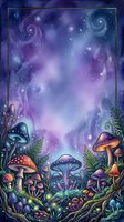 Enchanted forest floor with bioluminescent mushrooms and cosmic galaxy sky, featuring glowing fungi, ferns, and swirling nebula patterns for fantasy and mystical design projects.