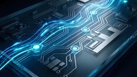 Futuristic circuit board with glowing blue digital pathways and electronic components for technology and innovation concepts.
