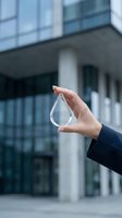 Hand holding transparent glass water drop shape against modern office building background symbolizing sustainability and environmental responsibility.