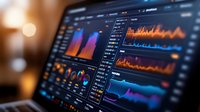 Financial analytics dashboard showing colorful charts, graphs and market data visualization with blurred background. Modern trading platform interface for business analysis.