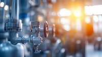 Industrial metal valve with pressure gauge in manufacturing facility, illuminated by warm sunlight through blurred background, focus on mechanical details.