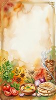 Watercolor culinary frame with fresh herbs, spices, vegetables and grilled meat creating warm cooking background for restaurant menus and recipe cards.