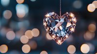 Crystal heart ornament with warm fairy lights glowing against dark bokeh background, creating romantic festive atmosphere. Decorative piece catches and reflects light.