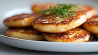 Homemade potato pancakes with golden crispy crust served on white plate, garnished with fresh dill. Traditional comfort food close up with selective focus.