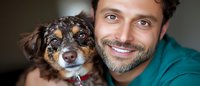 Happy middle-aged Caucasian man with beard smiling while holding adorable mixed breed dog with brown and black fur. Pet owner bonding moment at home.