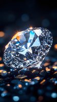 Brilliant cut diamond with light reflections and sparkle on dark background with bokeh effects and golden glitter. Luxury jewelry concept for design projects.