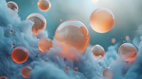 Glowing orange spheres floating in misty blue clouds create dreamy atmospheric composition, abstract macro photography with soft bokeh effect and depth of field.