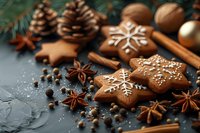 Festive gingerbread star cookies decorated with icing snowflakes, surrounded by winter spices, pine cones, and nuts on dark background. Holiday baking concept.