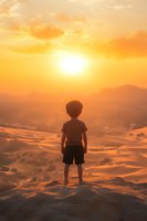 Young boy silhouette standing on desert dunes watching golden sunset with dramatic orange sky and mountain backdrop for adventure and travel concepts.