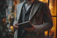 Businessman in elegant gray coat and suit holding digital tablet against warm evening city lights background.