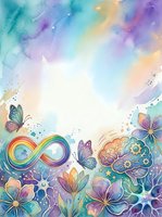 Watercolor infinity symbol with colorful butterflies, flowers, and gears on white background. Soft pastel gradient in purple, blue, yellow, and pink tones. Isolated design element suitable for greeting cards, posters, and merchandise printing.