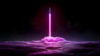 Glowing pink neon rocket launching through mystical purple clouds against dark sky, creating luminous reflection on surreal foggy landscape. Futuristic space concept.