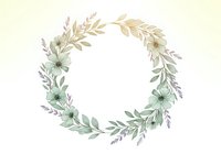 Delicate floral wreath with mint green flowers, lavender sprigs, and golden leaves on cream background, perfect for wedding invitations.