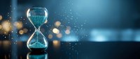 Digital hourglass with glowing binary code sand flowing through glass bulbs against blurred technology background with bokeh lights for time management concepts.