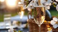 Sparkling wine glass with golden bubbles against blurred spring blossom background, romantic outdoor setting with warm sunset light and wicker basket.