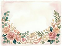 Watercolor floral frame with pink roses, eucalyptus leaves, and ornamental gold scrollwork on cream background. Isolated design element for invitations, cards, and wedding stationery projects.