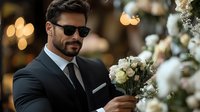 Elegant bearded man in black suit and sunglasses holding white roses bouquet against blurred bokeh background. Romantic evening atmosphere for wedding or date concept.