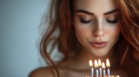 Young woman with wavy brown hair looking down at birthday candles with peaceful expression, celebrating special moment in soft warm lighting.