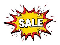Comic book style sale burst with explosive yellow and red design for promotional marketing campaigns and retail advertising materials.