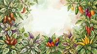 Botanical garden frame with colorful flowering plants and green foliage arranged on cream background, suitable for invitations, greeting cards, and decorative design projects.