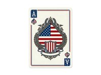 Ace of spades playing card with ornate frame featuring patriotic American flag shield design on cream background, isolated for print and design use.
