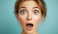 Young woman with shocked facial expression and wide open eyes against turquoise background, conveying surprise or astonishment.