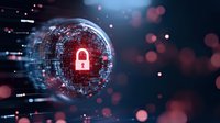 Glowing digital padlock sphere with red security icon on dark tech background with bokeh lights and data streams.