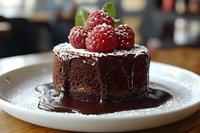 Decadent chocolate fondant cake topped with fresh raspberries and powdered sugar, dripping with warm chocolate sauce on white plate, close up view of dessert.