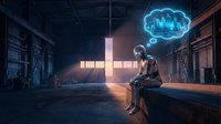 Futuristic robot with glowing brain hologram sits in industrial warehouse contemplating artificial intelligence and machine learning technology concepts.