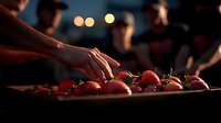 Fresh ripe strawberries on wooden board in moody evening light with bokeh background, hand reaching to take fruit, atmospheric food photography styling.