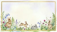 Rabbits and hares surrounded by wildflowers, ferns, and botanical elements on isolated cream background. Suitable for nursery decor, children's designs, and woodland-themed projects.